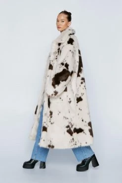 Coats Petite Cow Print Longline Faux Fur Coat