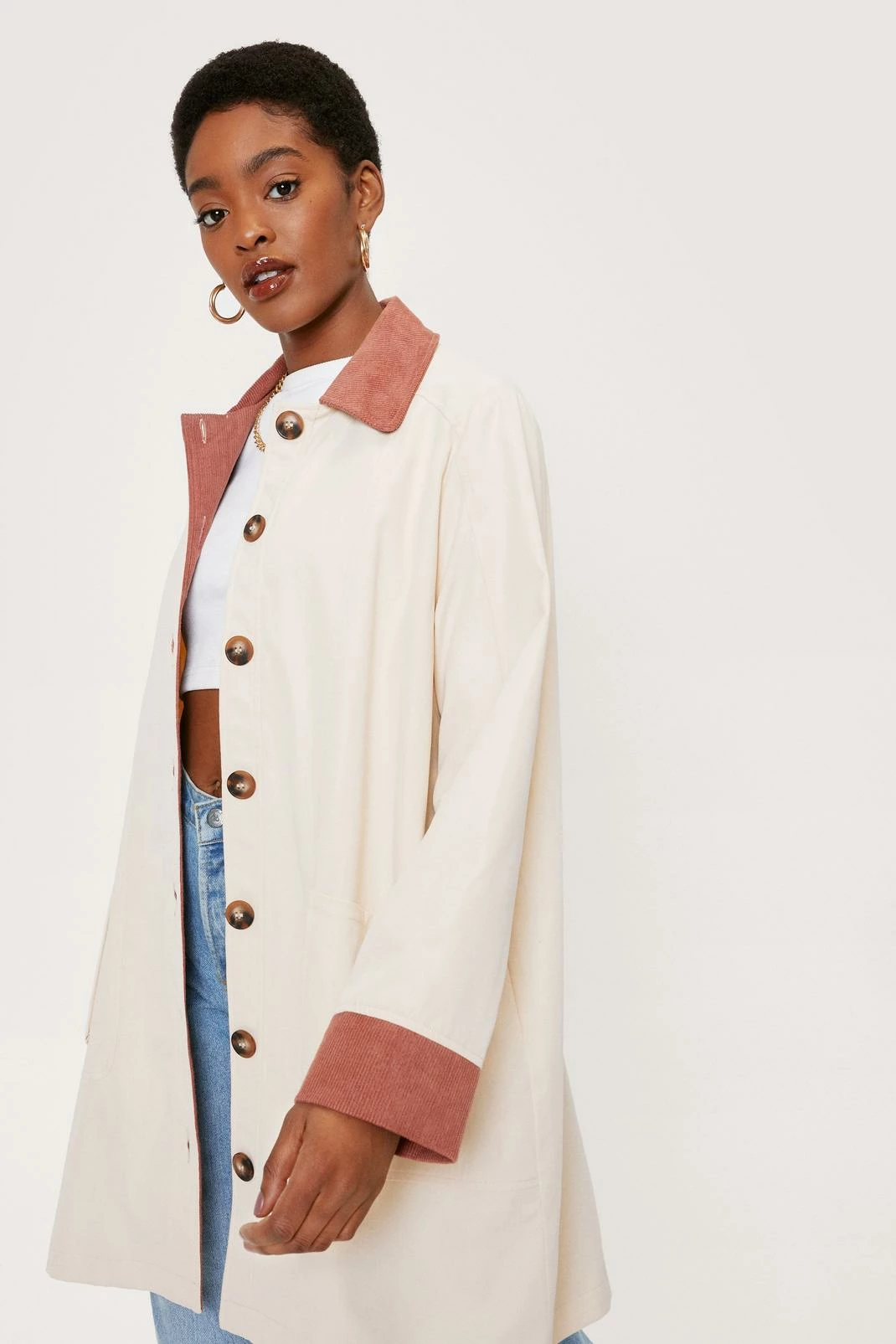 Duster + Trench Coats Corduroy Collar Button Down Longline Jacket - Image 7