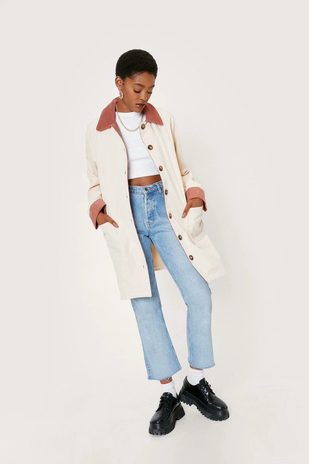 Duster + Trench Coats Corduroy Collar Button Down Longline Jacket - Image 4