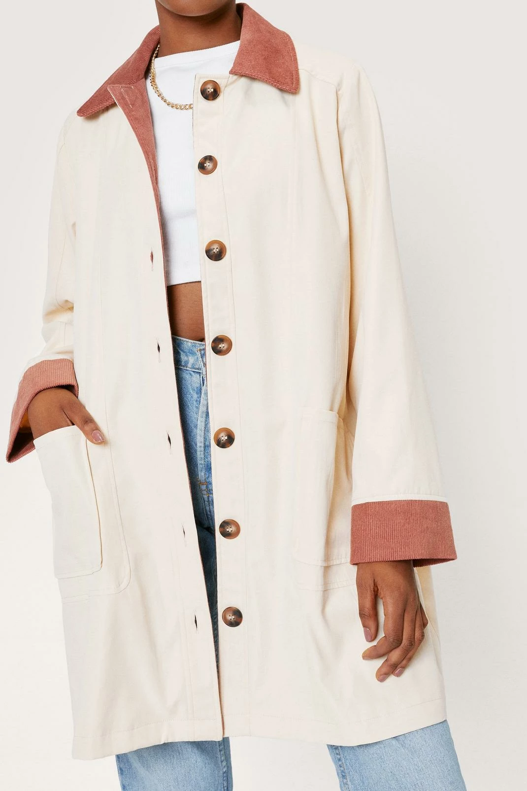 Duster + Trench Coats Corduroy Collar Button Down Longline Jacket - Image 5