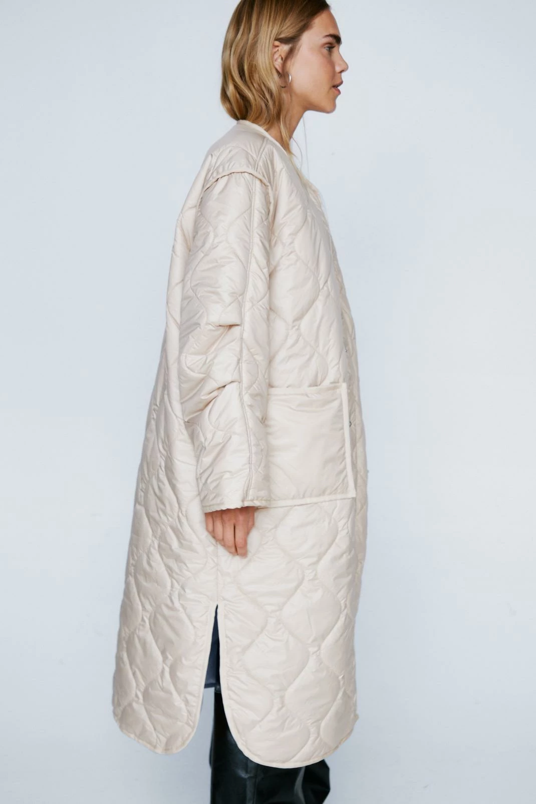 Puffer Jackets Quilted Oversized Collarless Longline Jacket - Image 4