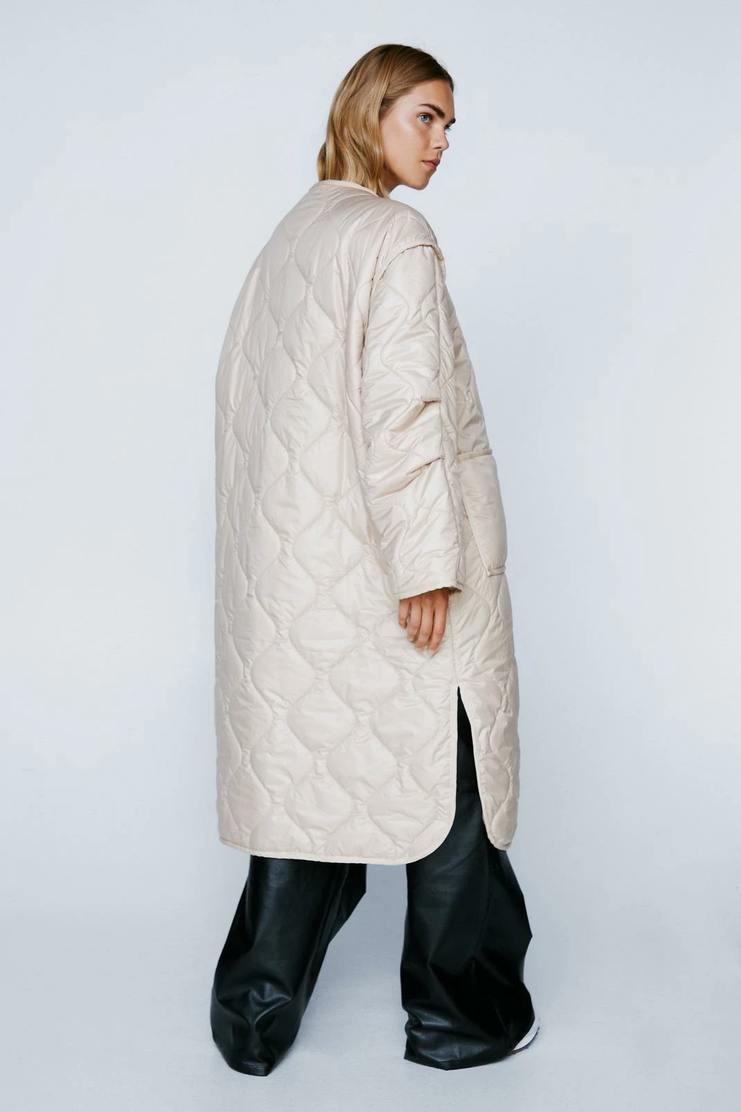 Puffer Jackets Quilted Oversized Collarless Longline Jacket - Image 6