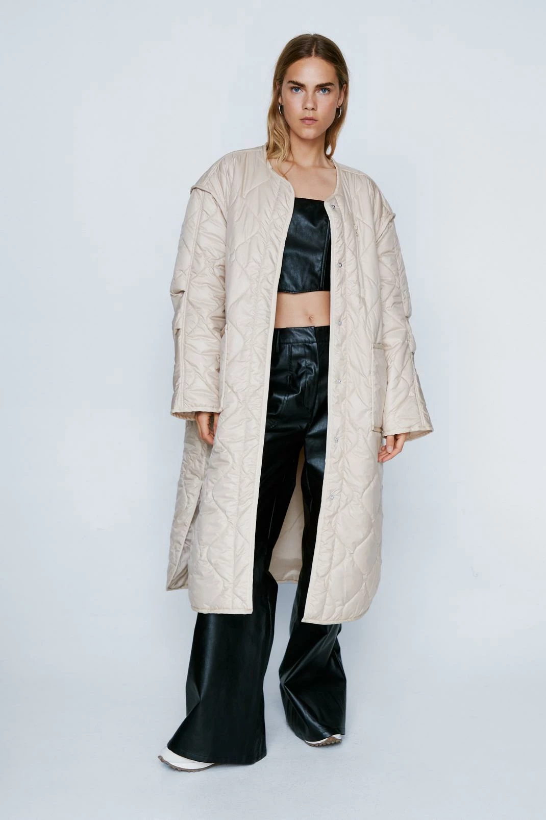 Puffer Jackets Quilted Oversized Collarless Longline Jacket - Image 7