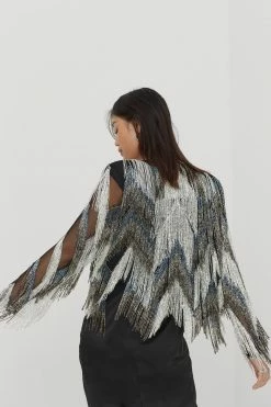 Going Out Jackets Abstract Design Heavy Embellished Open Front Tassel Jacket