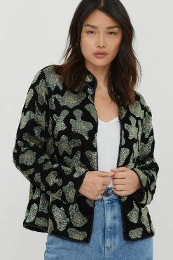 Party Outfits Beaded Velvet Leopard Print Collarless Jacket