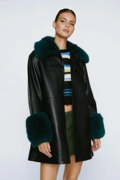 Duster + Trench Coats Contrast Fur Collar Faux Leather Coat