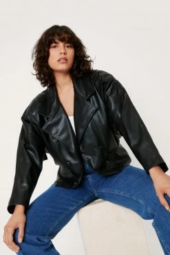 Clothes Double Breasted Faux Leather Long Sleeve Jacket