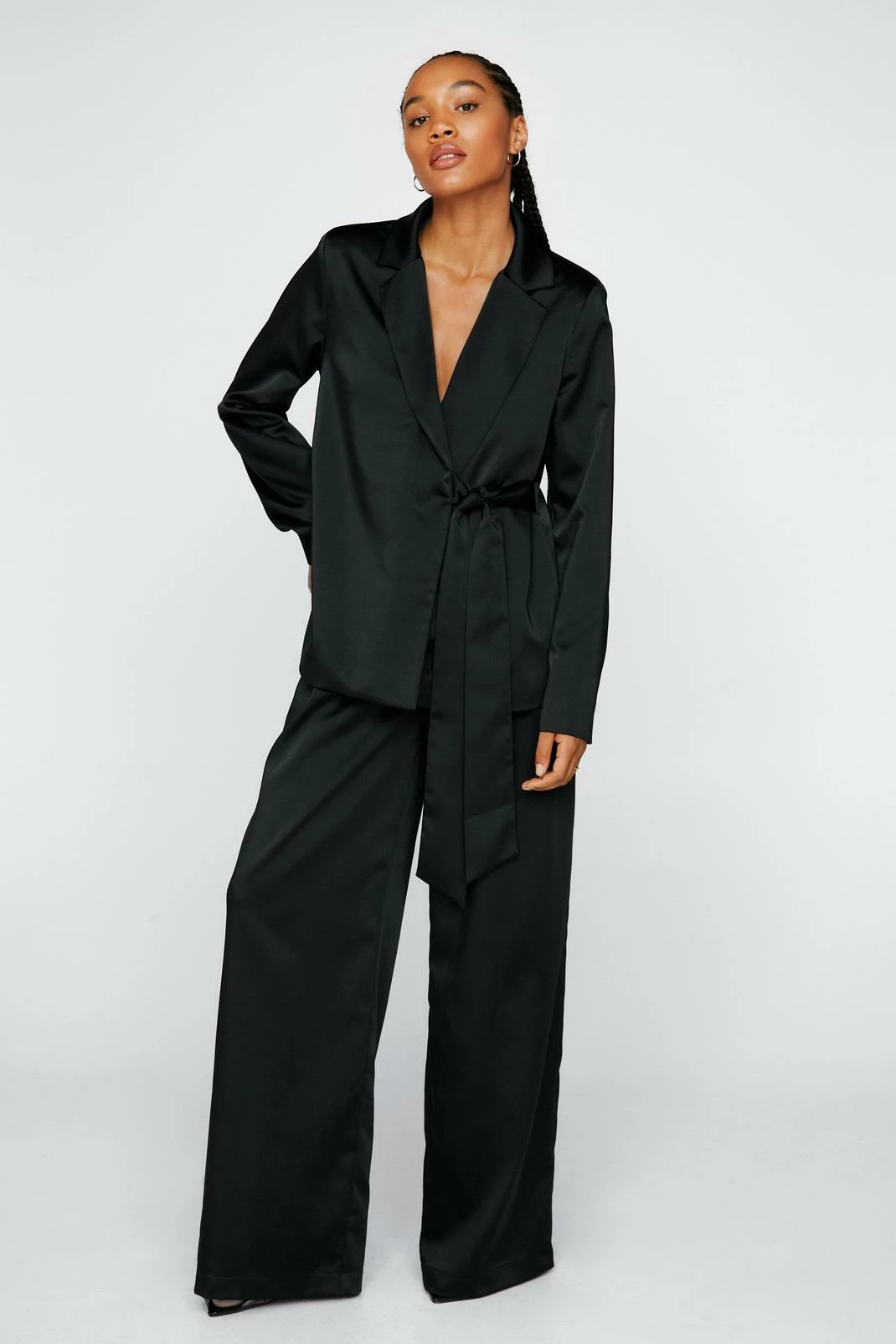 Tie Front Tops Draped Satin Tie Front Blazer - Image 4