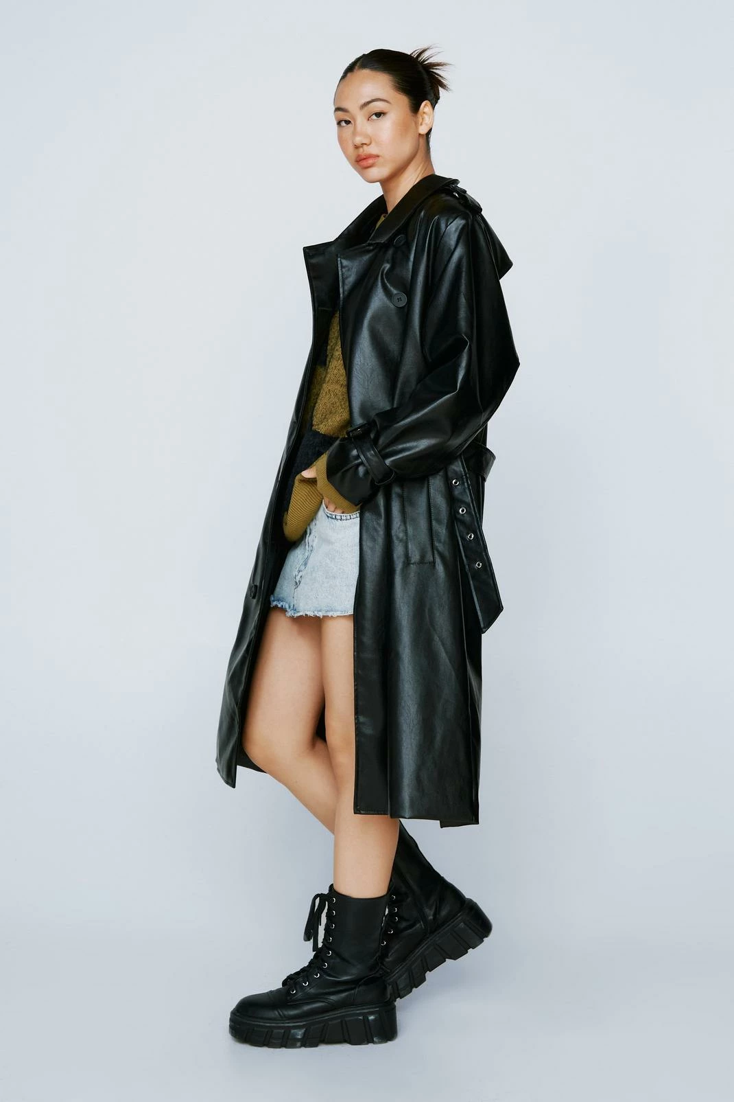Duster + Trench Coats Faux Leather Belted Longline Trench Coat
