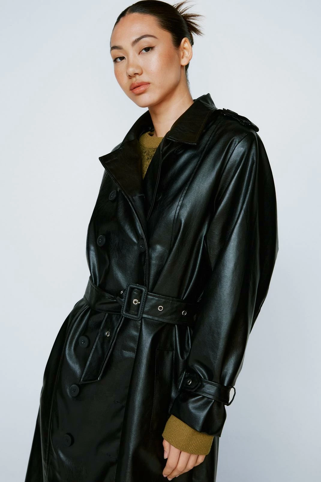 Duster + Trench Coats Faux Leather Belted Longline Trench Coat - Image 2