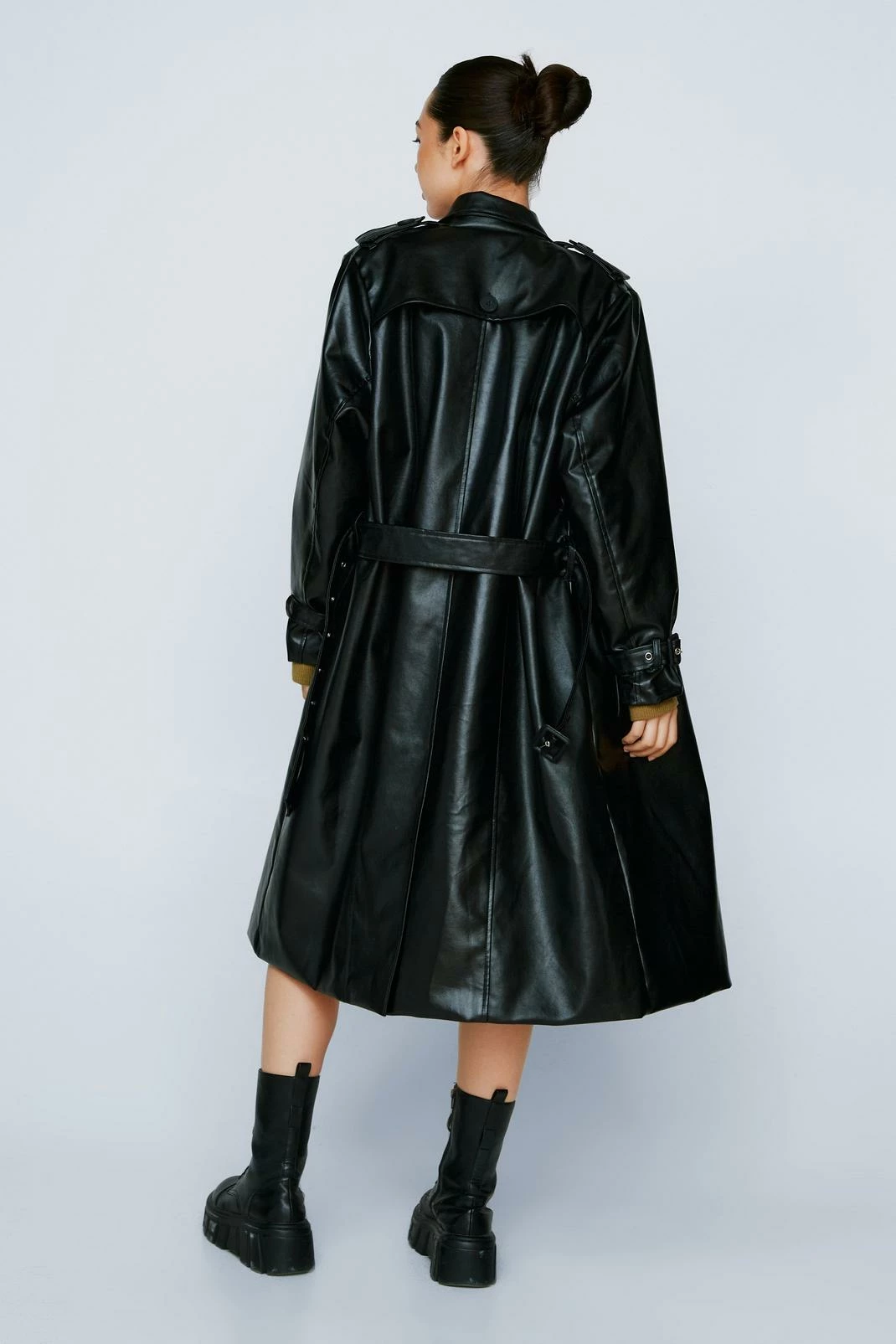 Duster + Trench Coats Faux Leather Belted Longline Trench Coat - Image 3