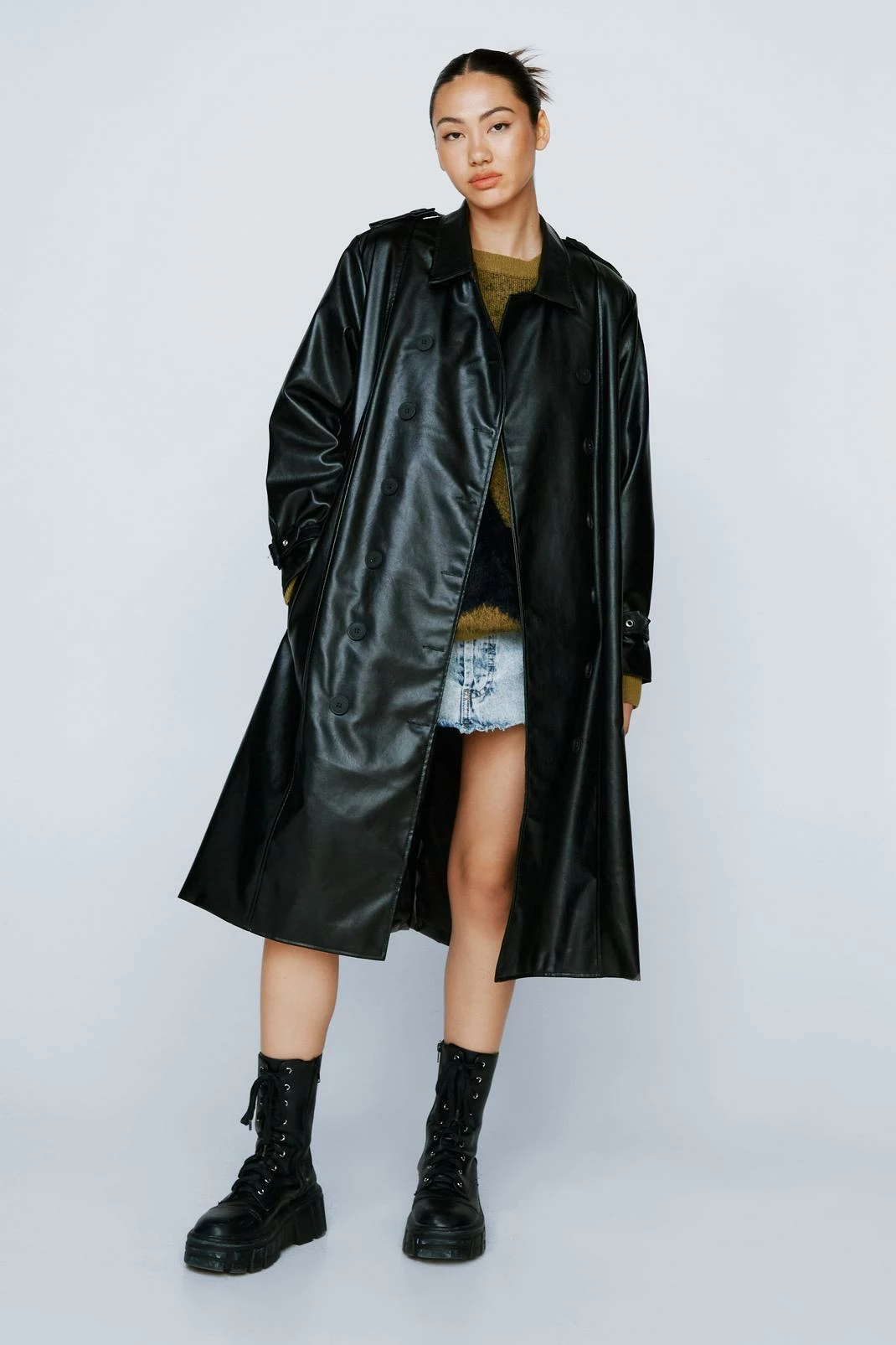 Duster + Trench Coats Faux Leather Belted Longline Trench Coat - Image 7