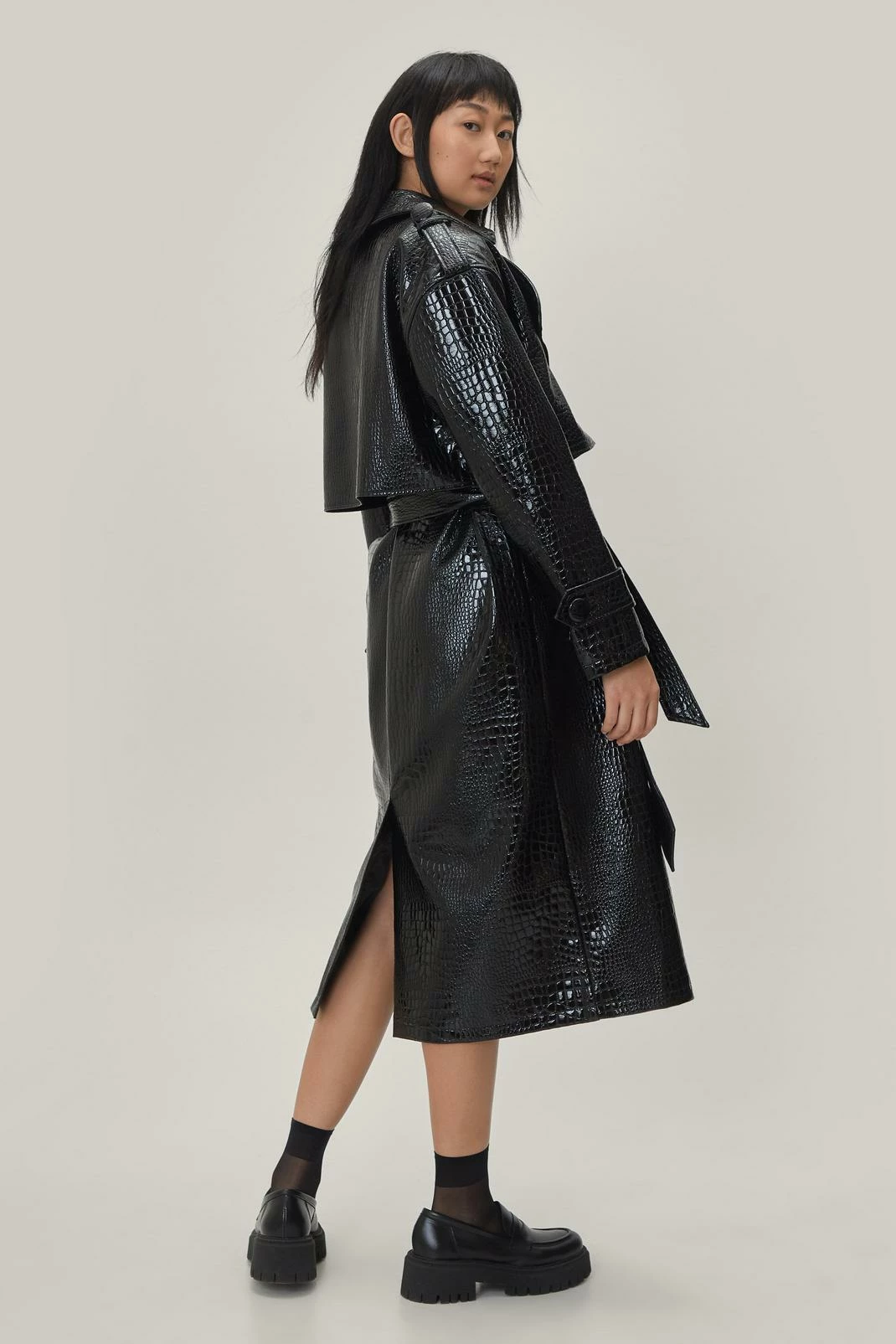 Duster + Trench Coats Faux Leather Croc Embossed Belted Trench Coat - Image 6