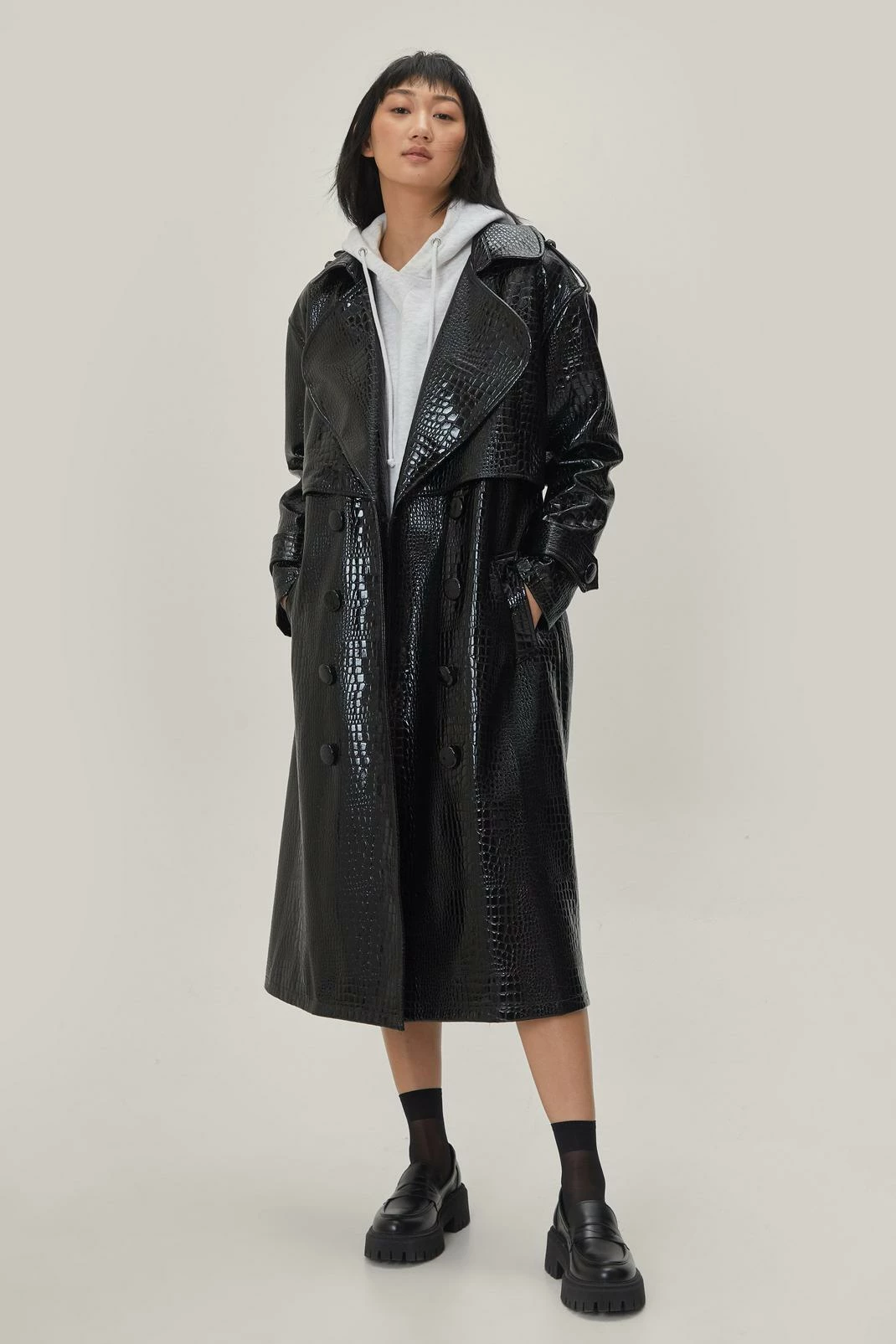 Duster + Trench Coats Faux Leather Croc Embossed Belted Trench Coat - Image 5