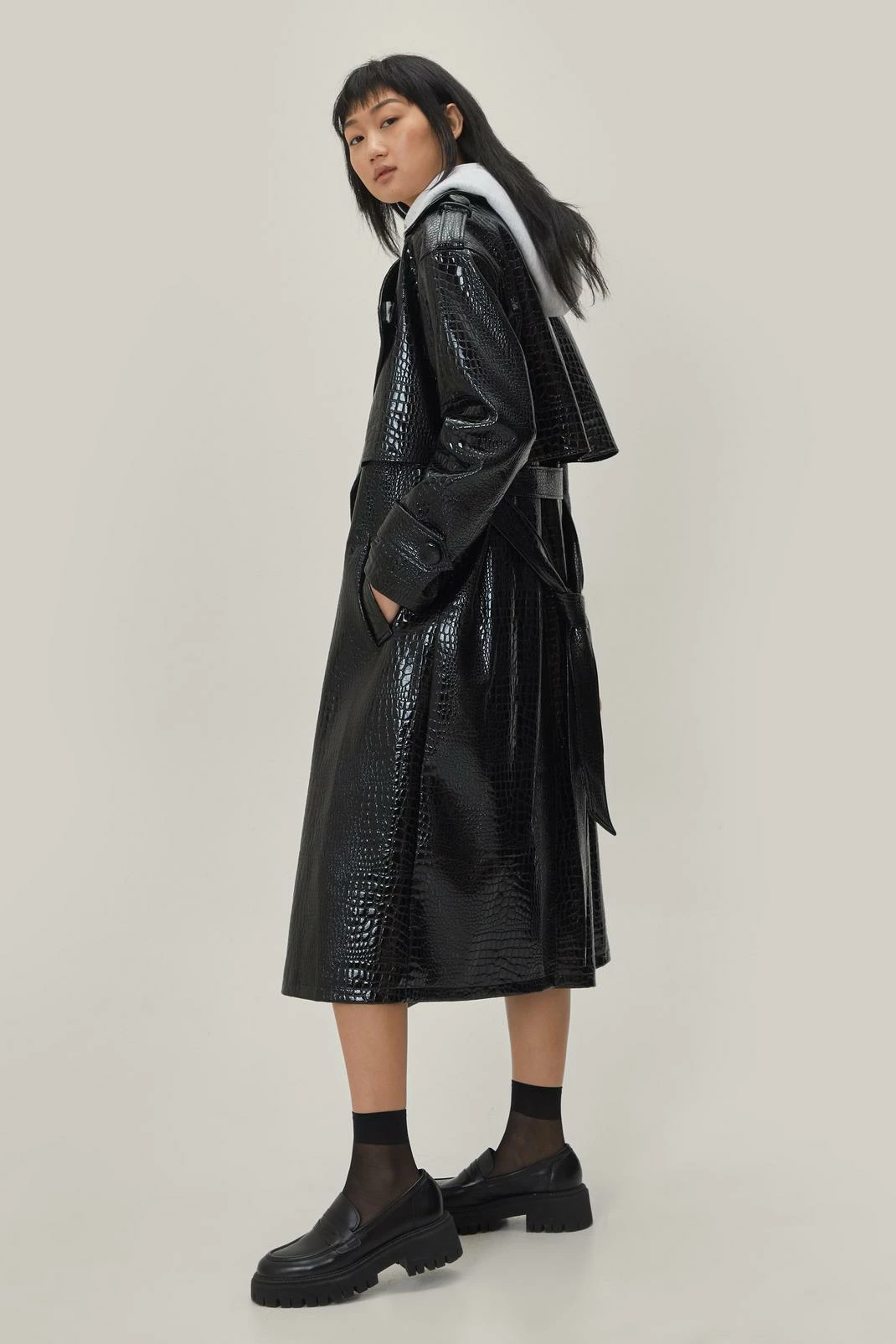 Duster + Trench Coats Faux Leather Croc Embossed Belted Trench Coat - Image 7