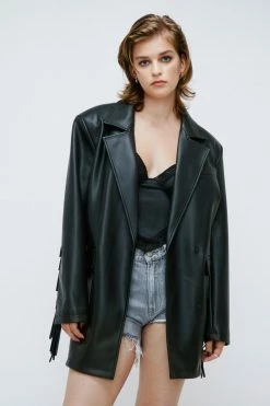Blazers Faux Leather Fringed Longline Blazer