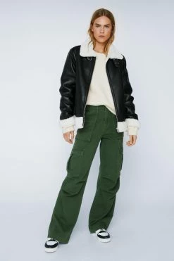 Real & Faux Leather Outfits Faux Leather Oversized Aviator Jacket