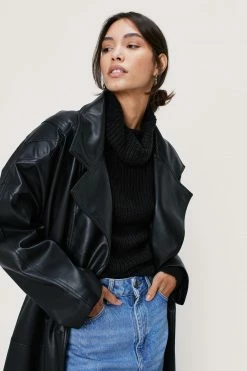 Duster + Trench Coats Faux Leather Power Shoulder Belted Trench Coat