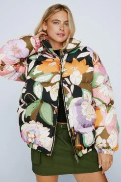 Puffer Jackets Floral Print Oversized Padded Jacket