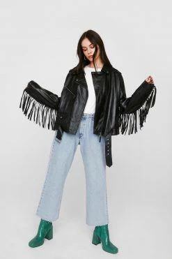 Real Leather Jackets Real Leather Belted Fringed Moto Jacket