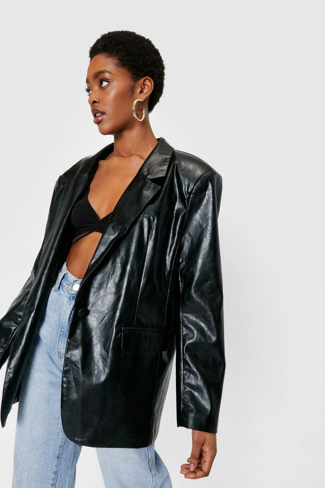 Real & Faux Leather Outfits Oversized Button Down Faux Leather Blazer - Image 4