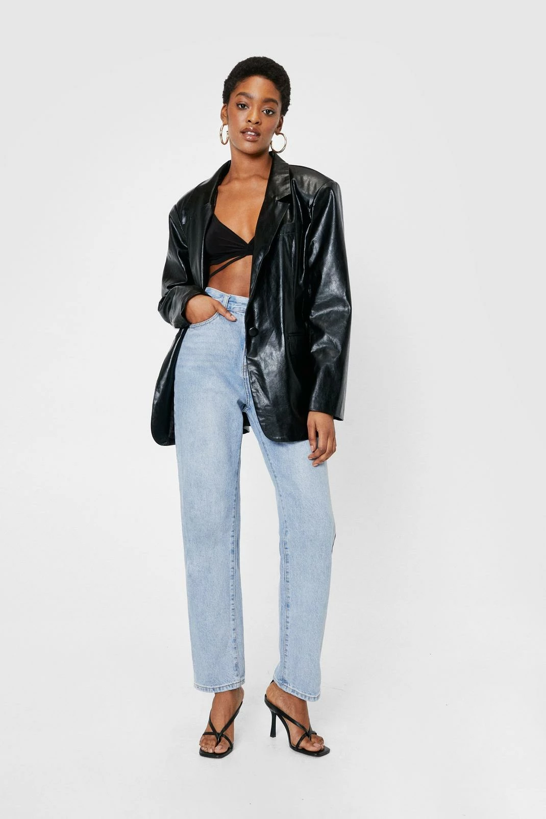 Real & Faux Leather Outfits Oversized Button Down Faux Leather Blazer - Image 5