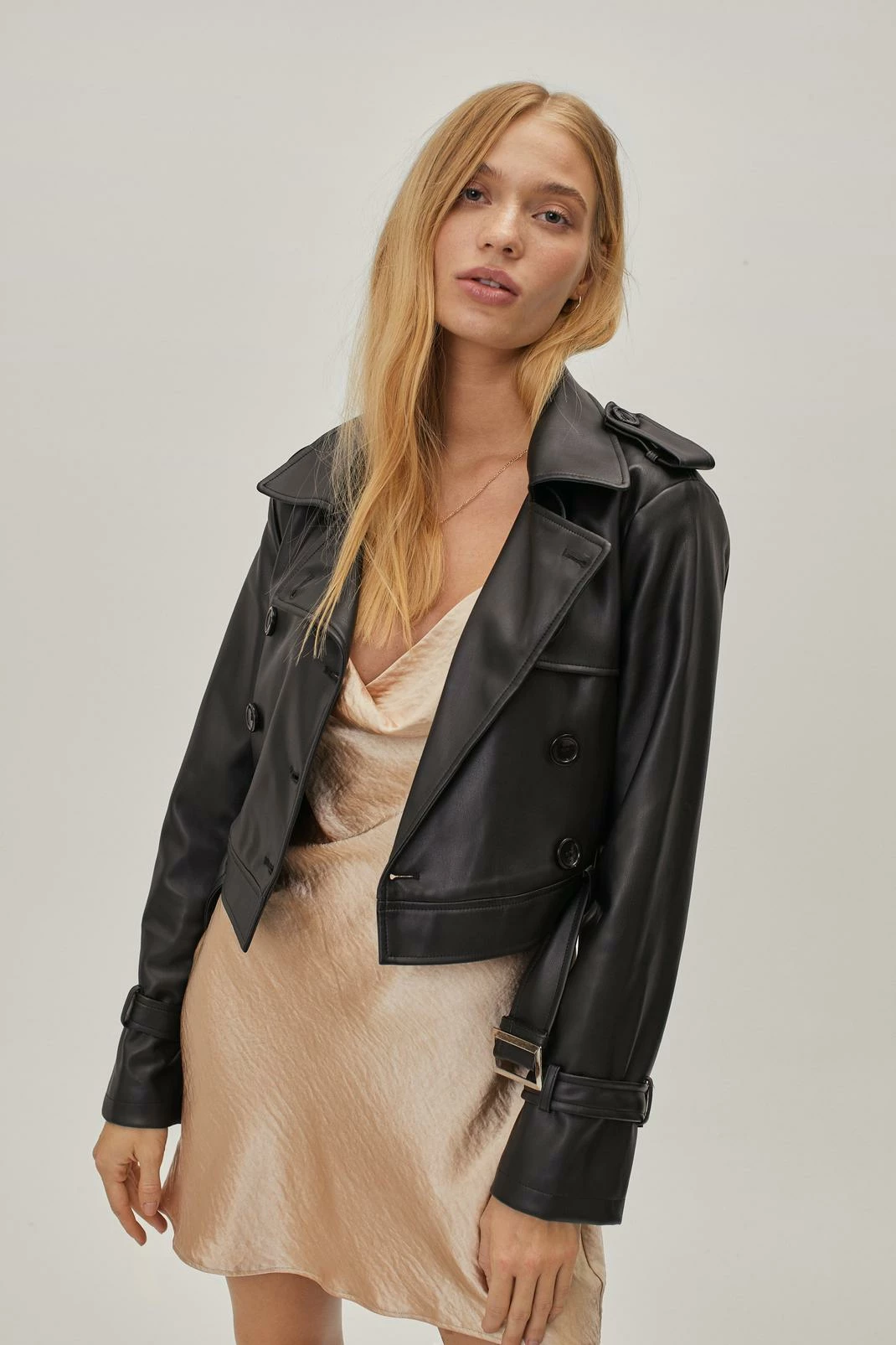 Duster + Trench Coats Petite Belted Faux Leather Cropped Trench Coat - Image 5