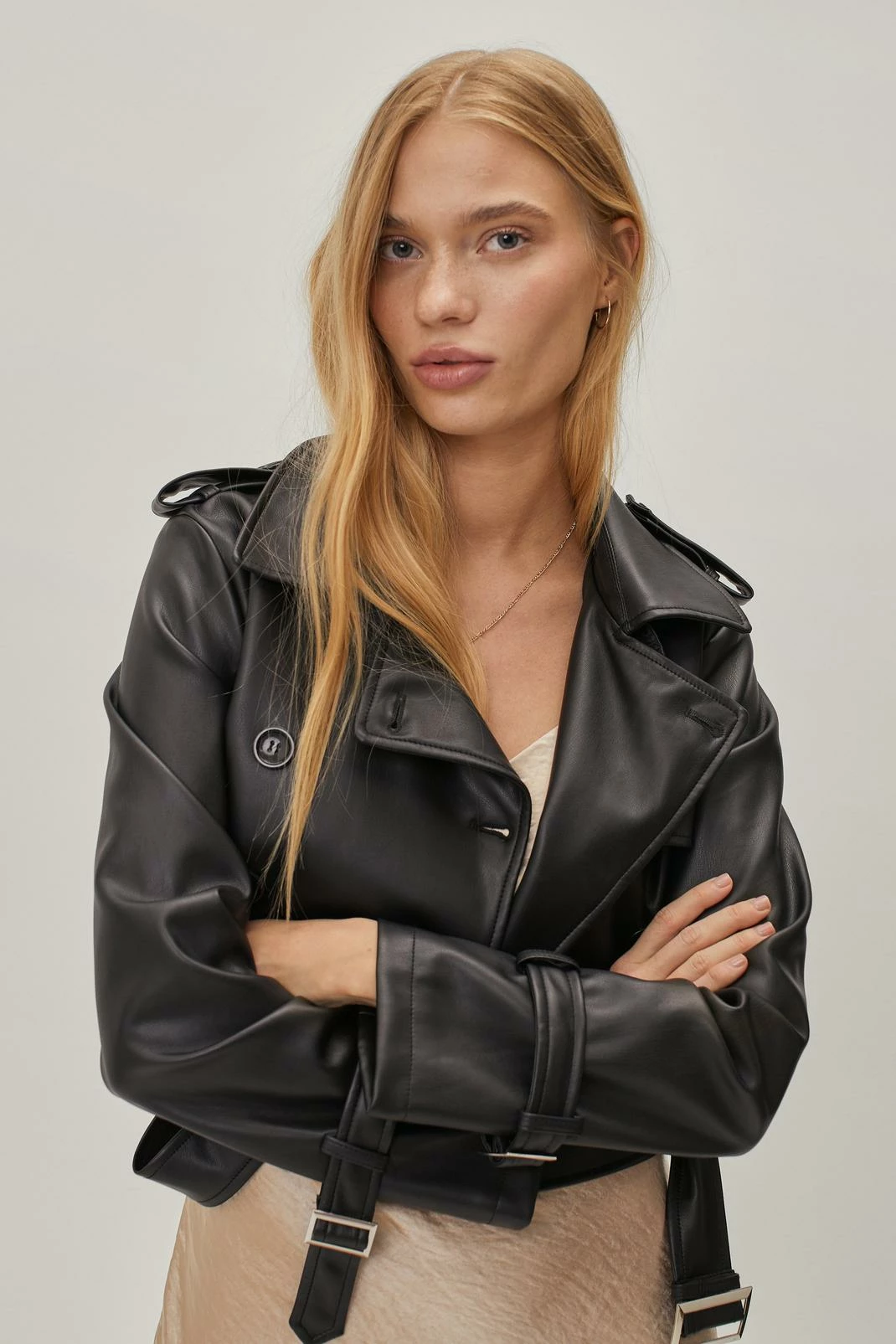 Duster + Trench Coats Petite Belted Faux Leather Cropped Trench Coat - Image 7