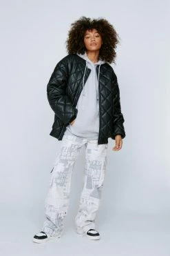 Puffer Jackets Quilted Faux Leather Bomber Jacket