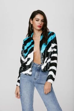 Party Outfits Two Tone Zebra Mesh Sequin Jacket