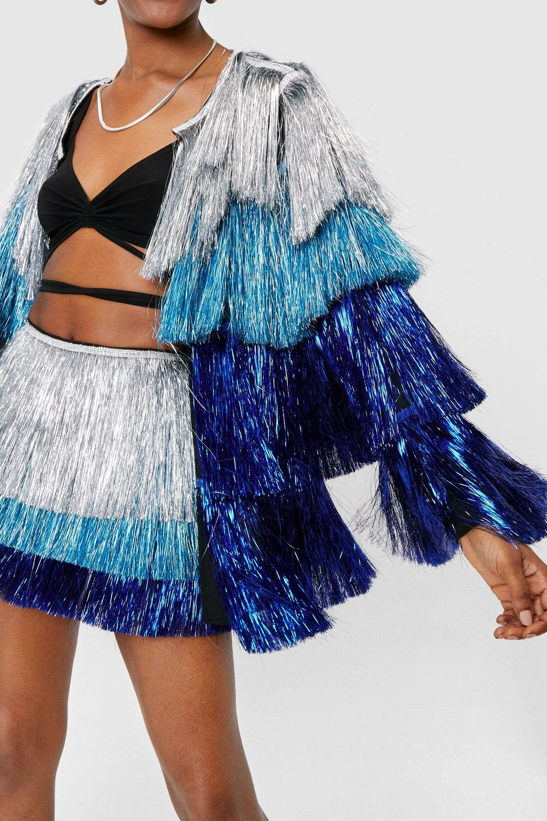 Going Out Jackets Metallic Tiered Tinsel Fringe Open Front Jacket - Image 8