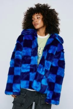 Coats Premium Blue Checkerboard Faux Fur Coat