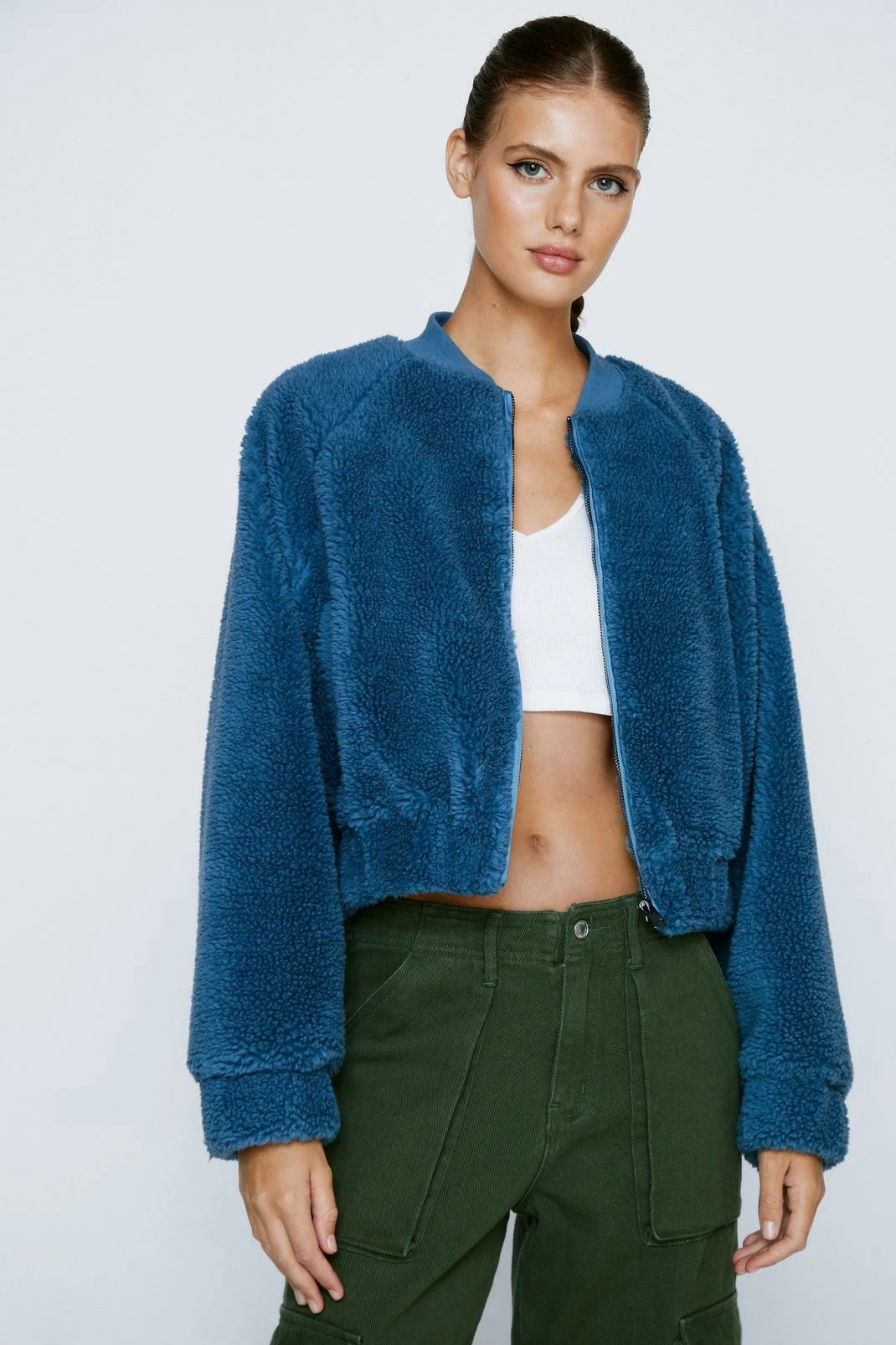 Cropped Jackets Teddy Zip Through Cropped Bomber Jacket - Image 7