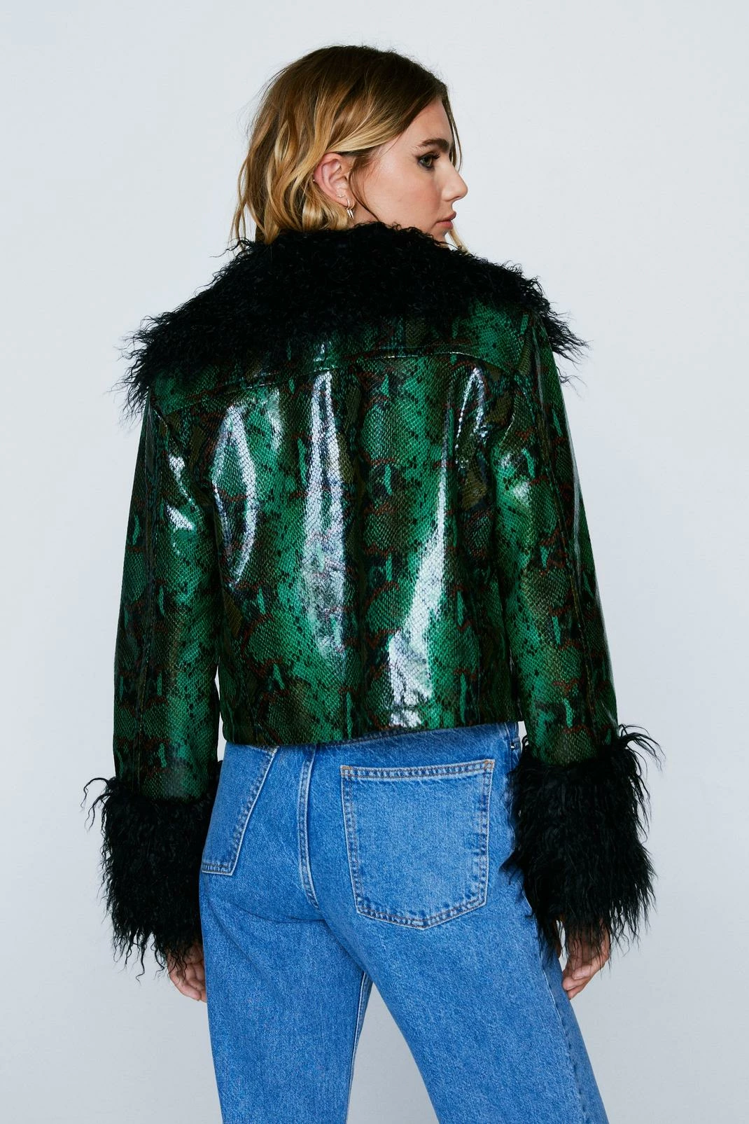 Going Out Jackets Snake Print Faux Leather Jacket With Fur Trim - Image 3