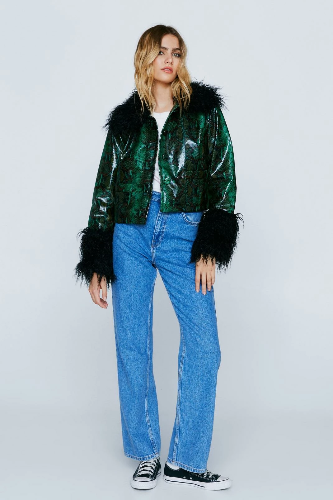 Going Out Jackets Snake Print Faux Leather Jacket With Fur Trim