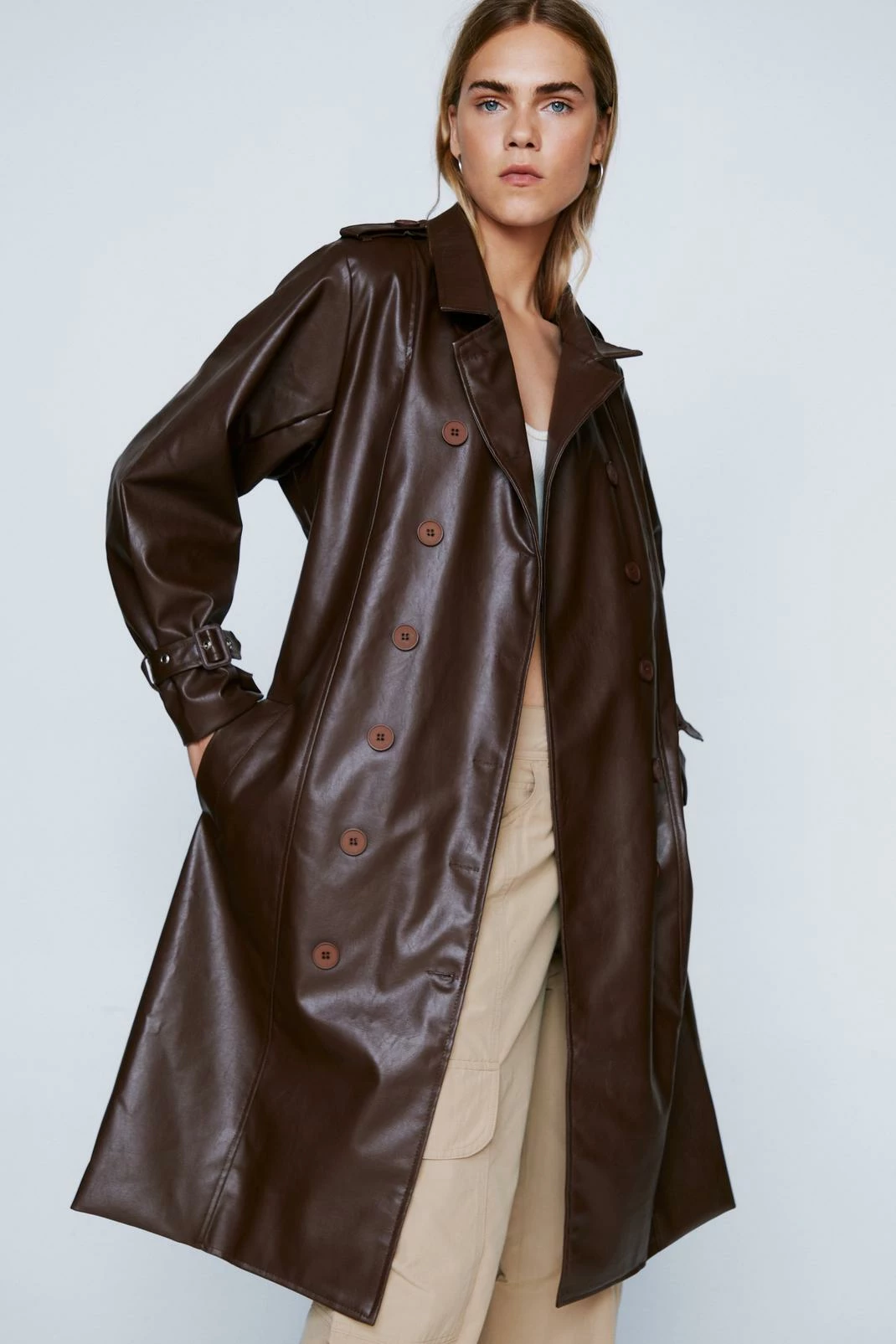 Duster + Trench Coats Faux Leather Belted Longline Trench Coat - Image 5
