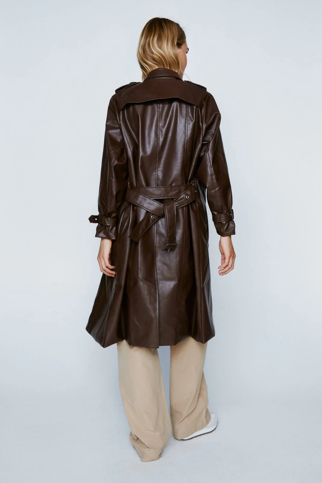 Duster + Trench Coats Faux Leather Belted Longline Trench Coat - Image 6