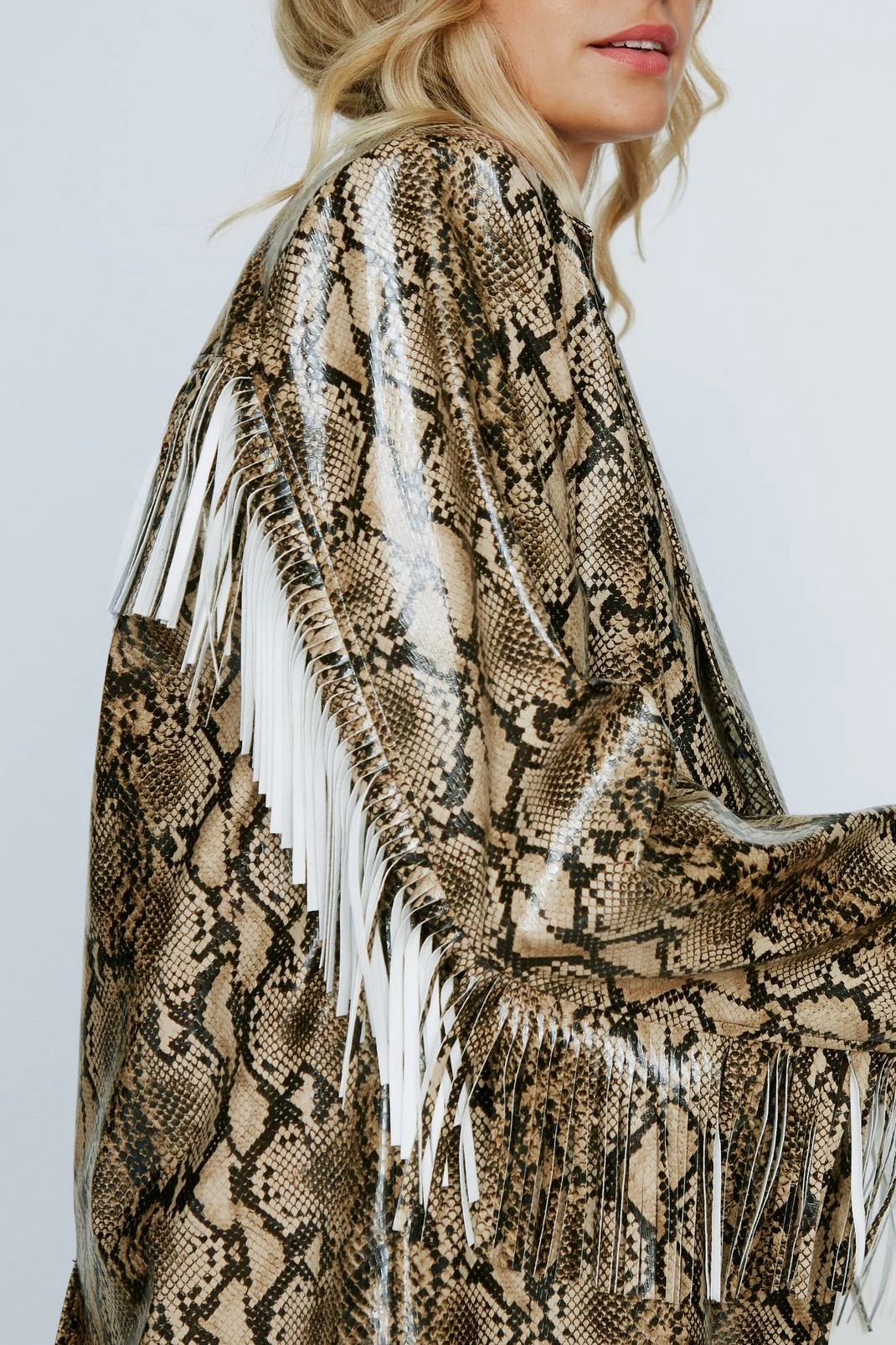 Blazers Snake Faux Leather Fringed Longline Blazer - Image 2