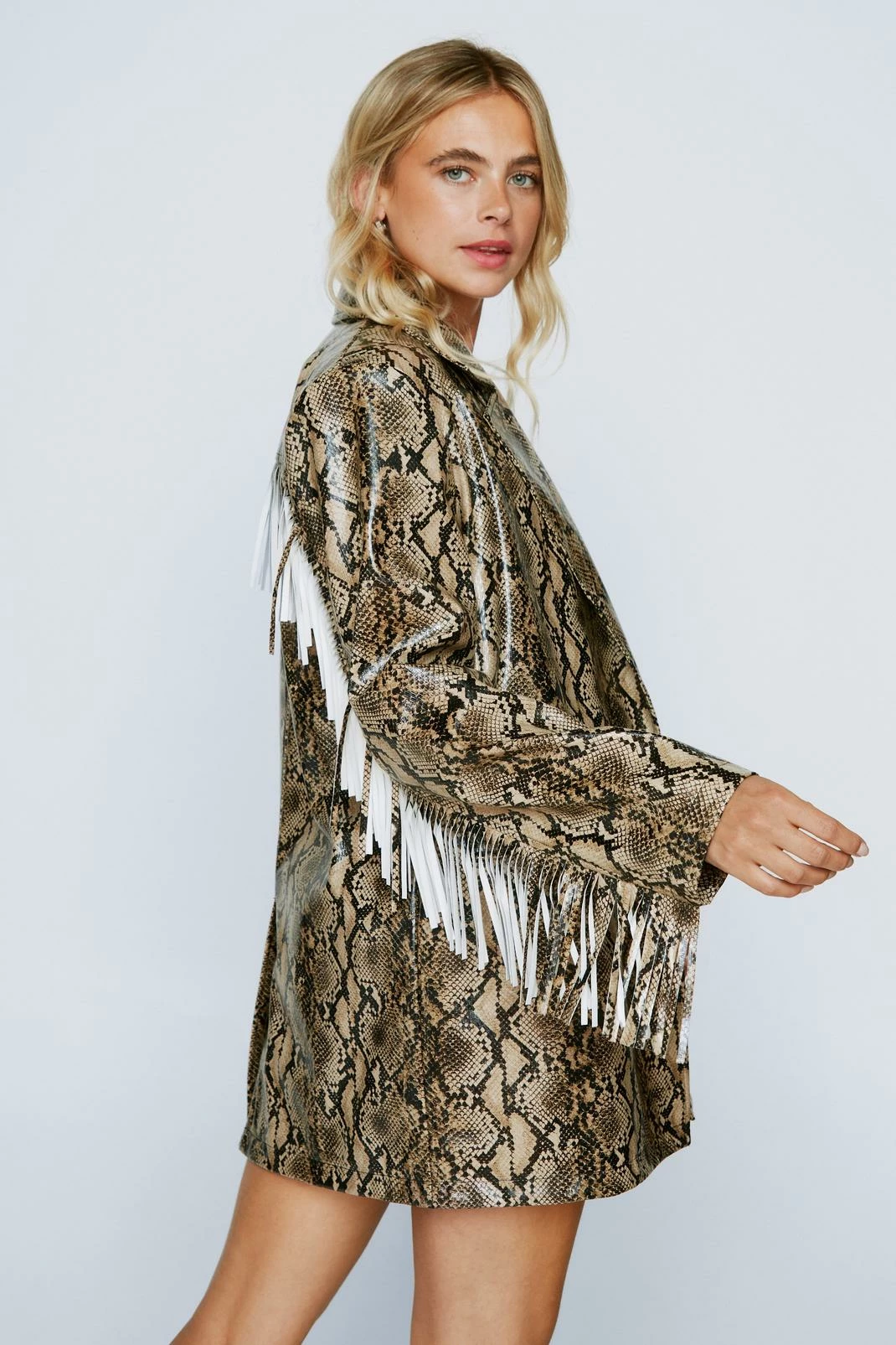 Blazers Snake Faux Leather Fringed Longline Blazer - Image 3