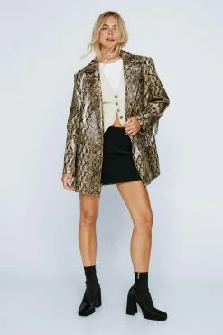Blazers Snake Faux Leather Fringed Longline Blazer