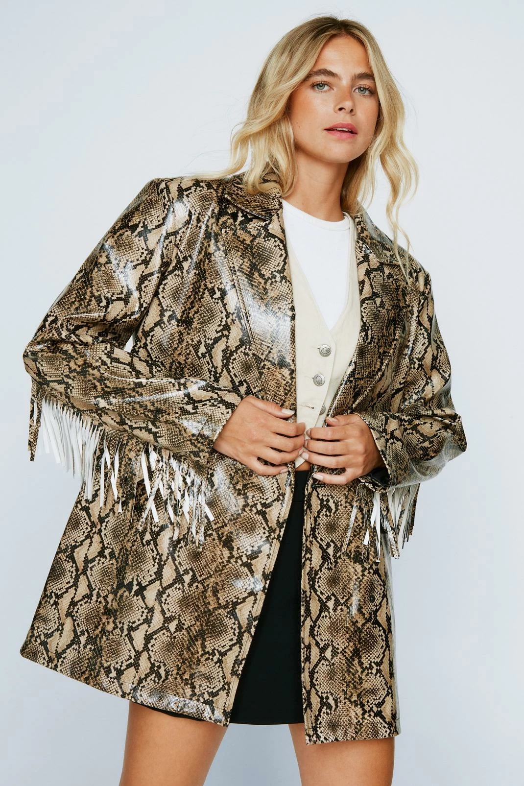 Blazers Snake Faux Leather Fringed Longline Blazer - Image 4