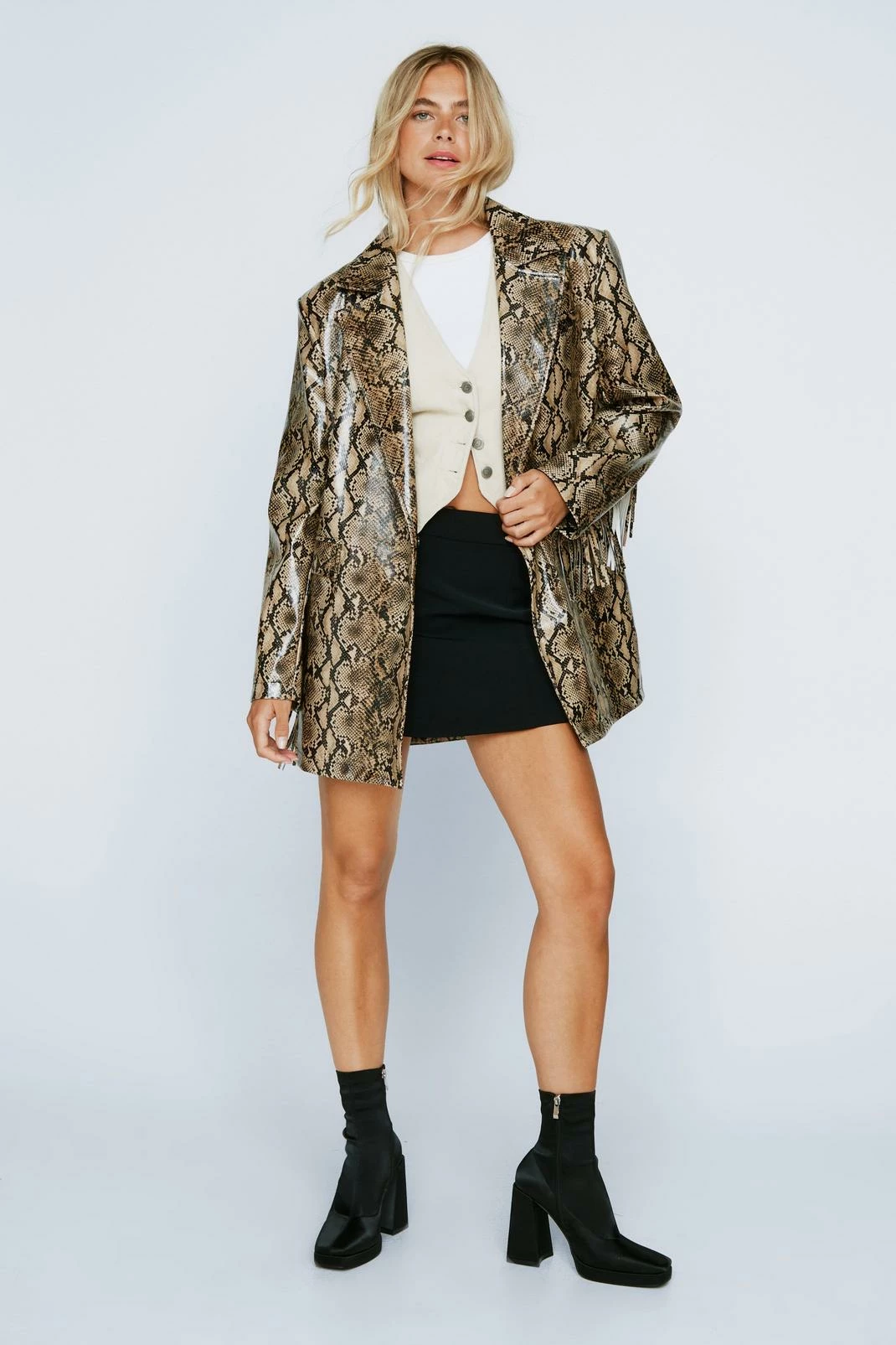 Blazers Snake Faux Leather Fringed Longline Blazer