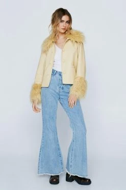 Going Out Jackets Mongolian Fur Trim Faux Leather Jacket