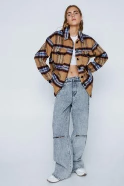 Shackets Check Print Button Down Shacket