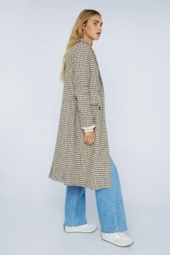 Wool Look Coats Check Print Wool Look Double Breasted Longline Coat