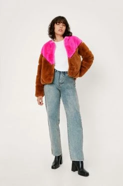 Clothes Color Block Faux Fur Jacket