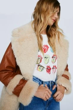 Real & Faux Leather Outfits Faux Fur Detail Faux Leather Aviator Jacket