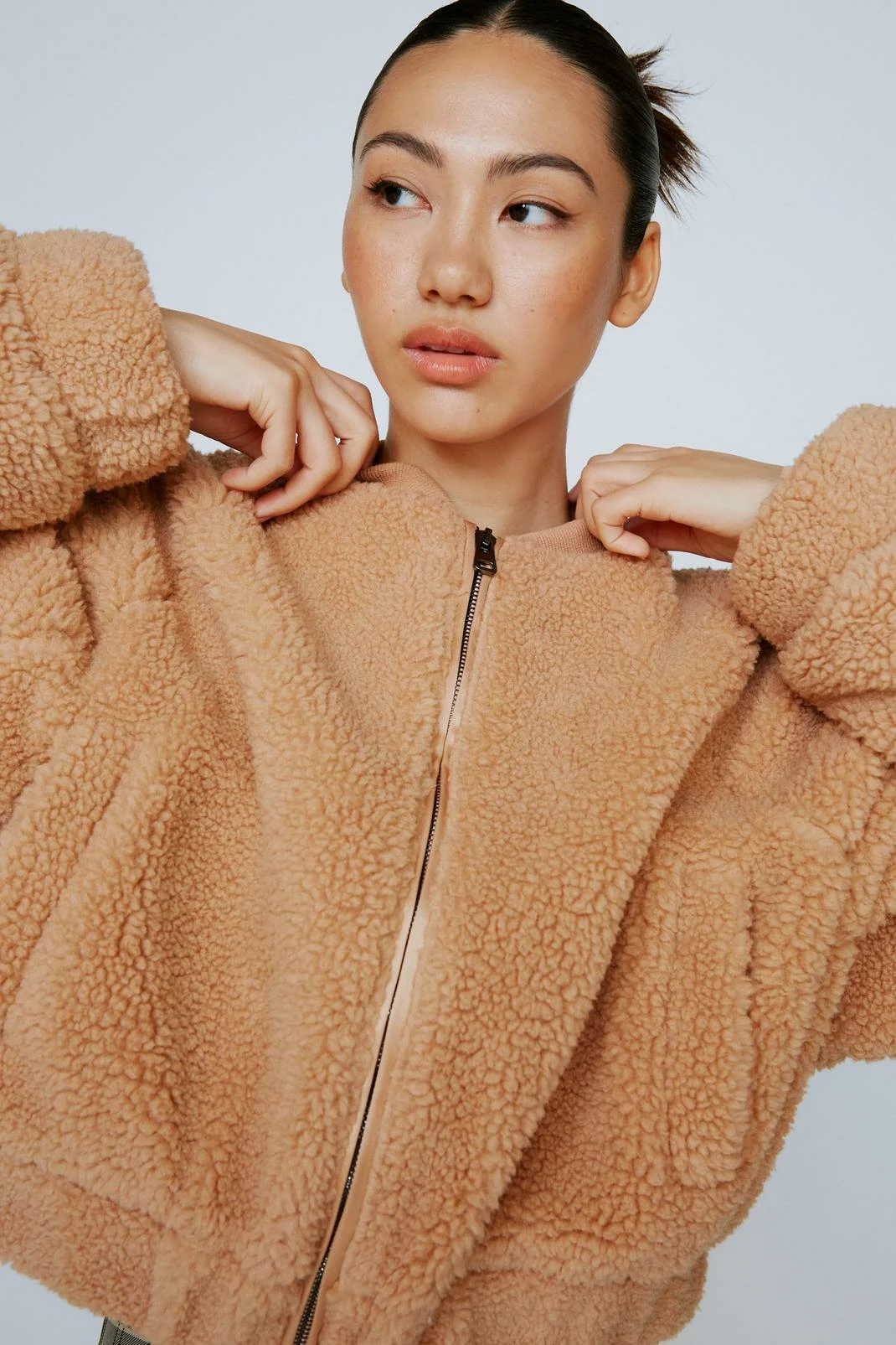 Cropped Jackets Teddy Zip Through Cropped Bomber Jacket - Image 2