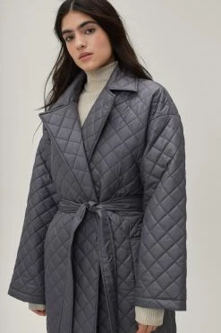 Puffer Jackets Quilted Belted Collared Maxi Coat