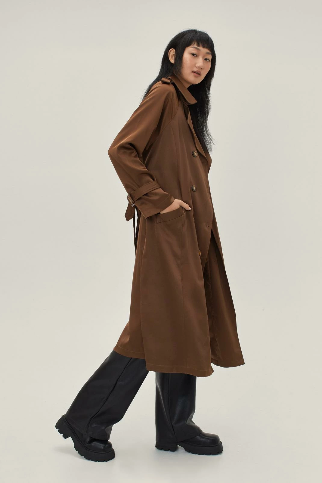 Duster + Trench Coats Satin Longline Double Breasted Belted Trench Coat - Image 4